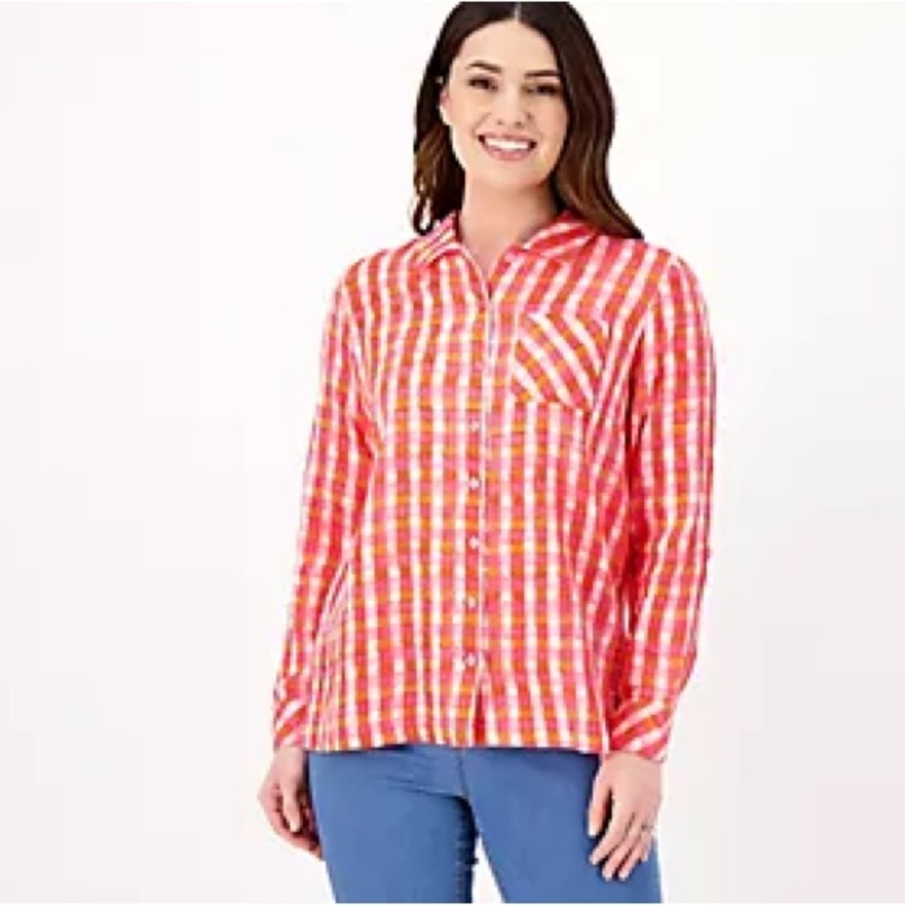 Isaac Mizrahi Gingham Printed Relaxed Gauze Cotton Shirt Size XL